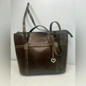 Brighton Vintage Shoulder Bag Tote Brown Leather Croc‎ Trim Accents